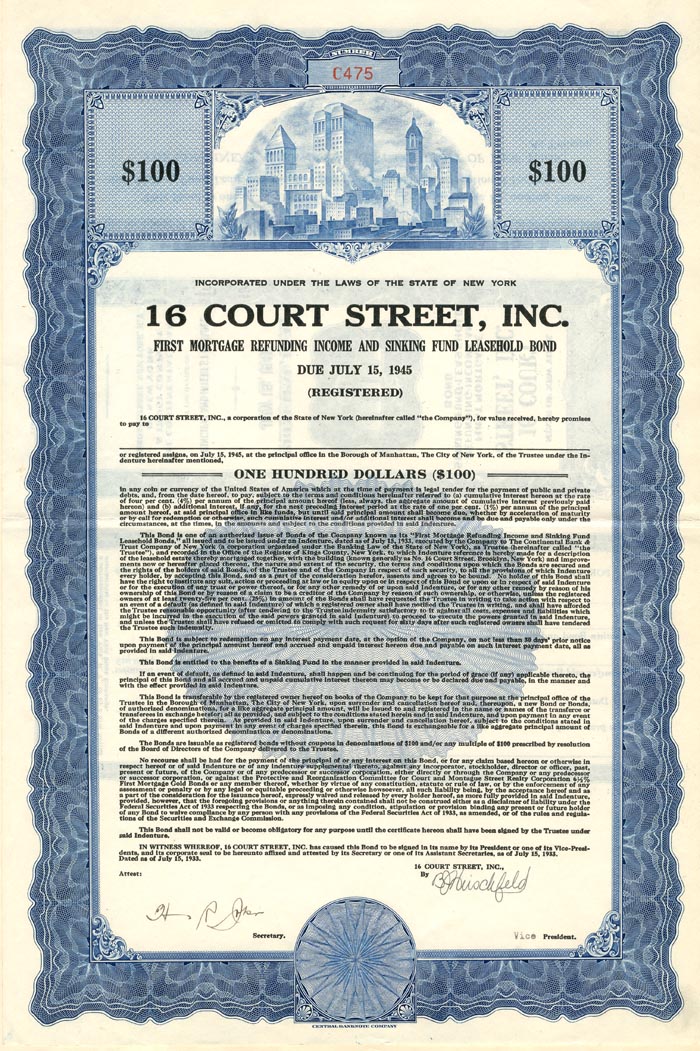 16 Court Street, Inc. - Bond (Uncanceled)